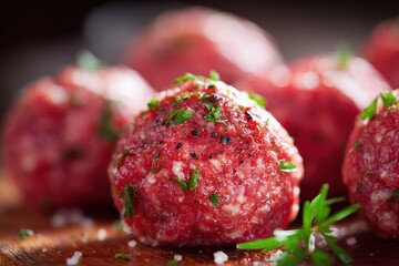 Close up of finely ground meatballs in macro detail