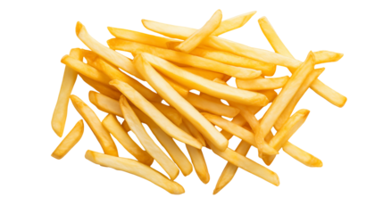 Golden French fries pile creatively on a transparent backdrop, perfect for menu design.