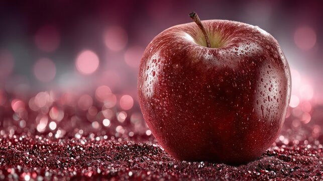 Juicy red apple with water droplets, bokeh background.