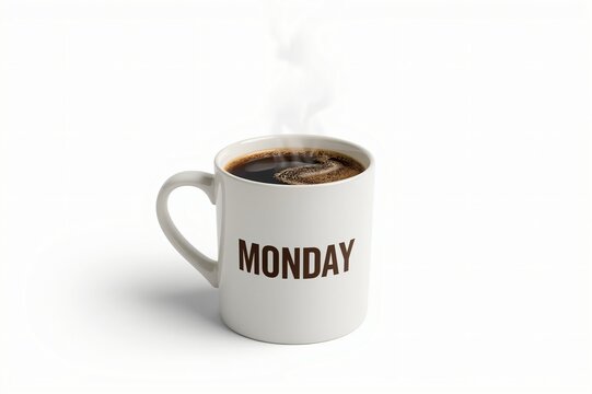 Steaming Monday coffee mug, white background, studio shot, website