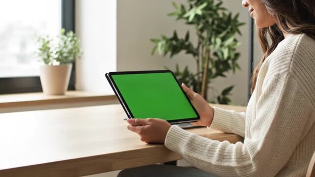 Woman Holding Tablet with Green Screen at Desk
