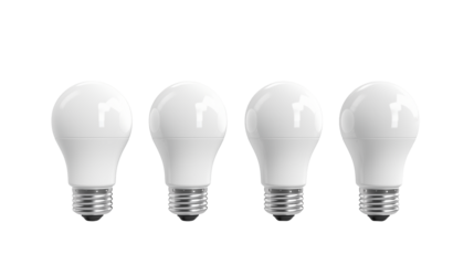 Row of modern LED bulbs illustrates energy efficient lighting isolated on transparent background