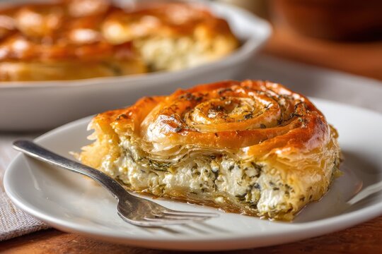 Close view of Turkish cheese pastry borek on a white plate with utensils