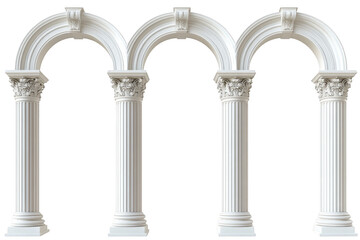 Triple classical columns with arches isolated on transparent background