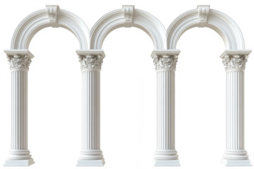 Triple classical columns with arches isolated on transparent background