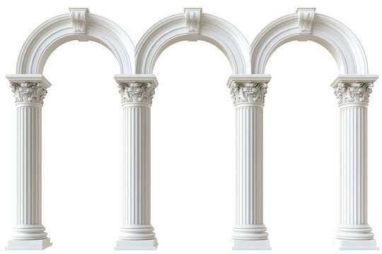 Triple classical columns with arches isolated on transparent background