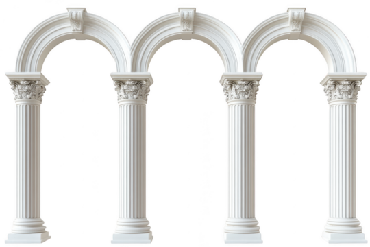 Triple classical columns with arches isolated on transparent background