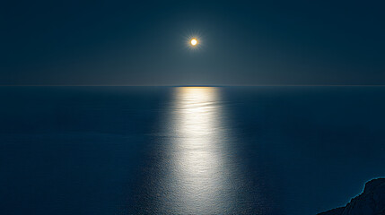 Fototapeta premium Moonlit Ocean View, Coastal Landscape Photography, Tranquil Atmosphere