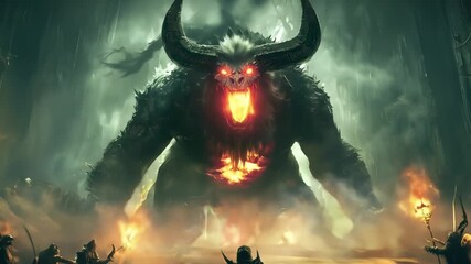 Demonic monster with glowing eyes and mouth, large horns, and fiery chest stands menacingly dark fantasy cave as group of armored warriors confront epic horned demon dramatic, fire lit battle scene - Powered by Adobe