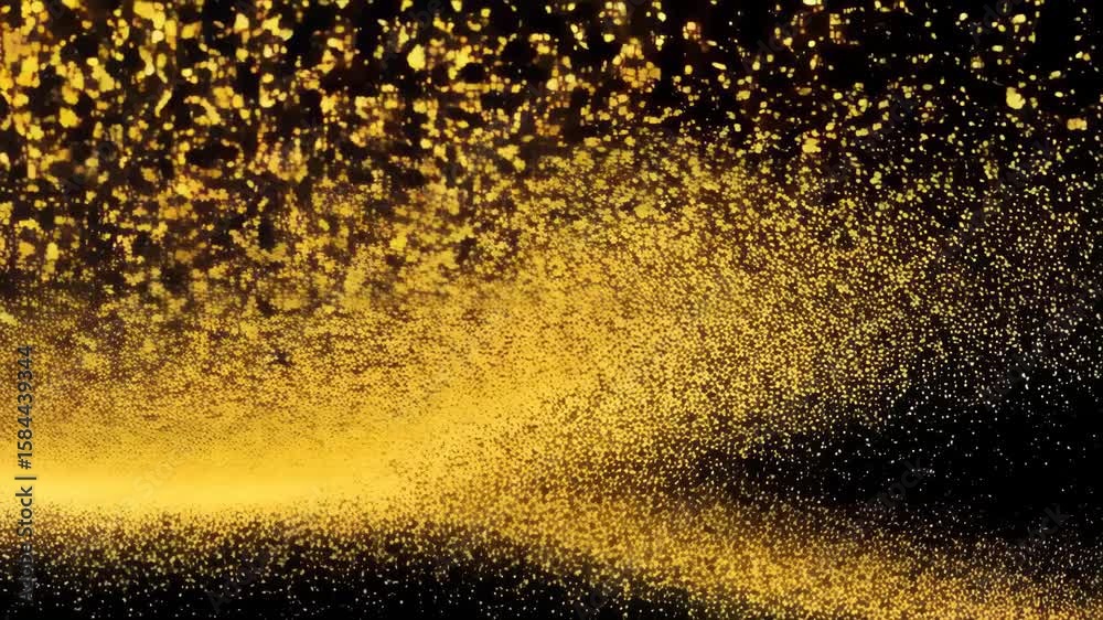 Poster glittering gold dust particles flow across black, creating a dynamic abstract background texture eff