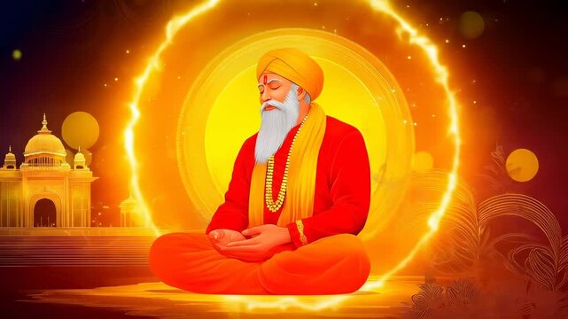 Spiritual guru meditation orange robe with glowing aura, serene expression, golden temple background, peaceful atmosphere, divine light, traditional turban, Indian culture, religious harmony