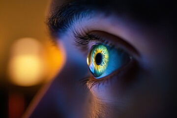 Eye illuminated by monitor glow, internet browsing at night