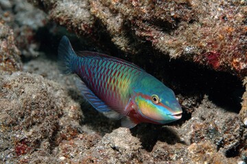 Obraz premium Coris Julis or Rainbow Wrasse foraging on sea floor stones
