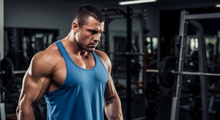 Fototapeta premium A powerfully built man with welldefined muscles, wearing a blue tank top, intensely focused during a workout session in a dimly lit gym