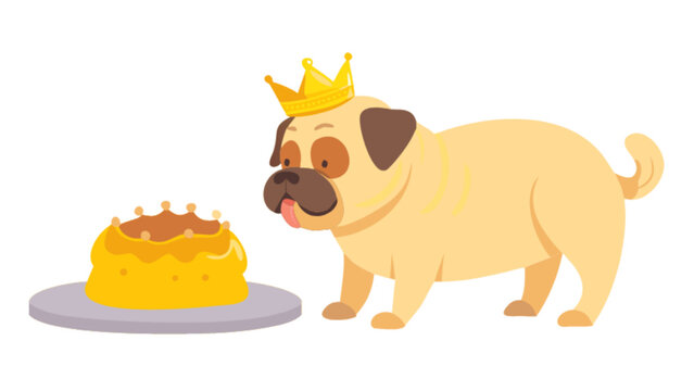 Pug dog birthday party vector art: cute pug with crown looking at cake vector illustration design image - Powered by Adobe
