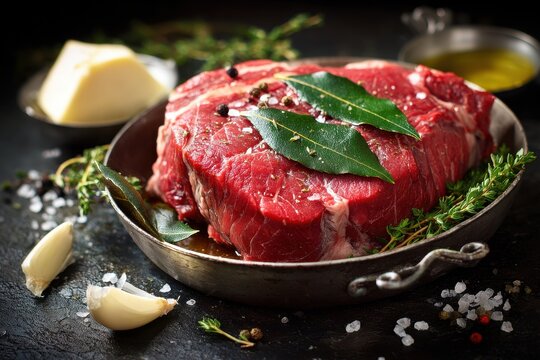 A sizable chunk of raw beef sits on a dark counter adorned with thyme garlic bay leaves and pepper in a butter sauceboat