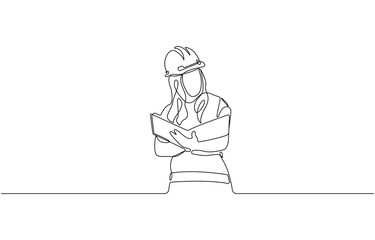 Continuous one line art drawing of female civil engineer vector illustration, Female construction worker, woman job professional industry helmet hat engineer one line drawing vector.