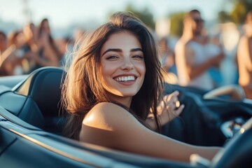 Exclusive event vibe, young woman in luxury car glancing at excited crowd