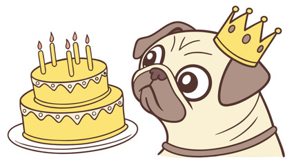 Cute pug dog birthday party with cake and crown vector illustration clip art graphic design image