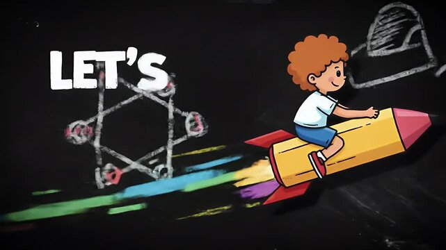 Child on pencil rocket with math equations vector animation