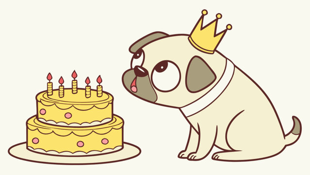 Cute cartoon pug dog with birthday cake and crown vector illustration for kids party invitation design