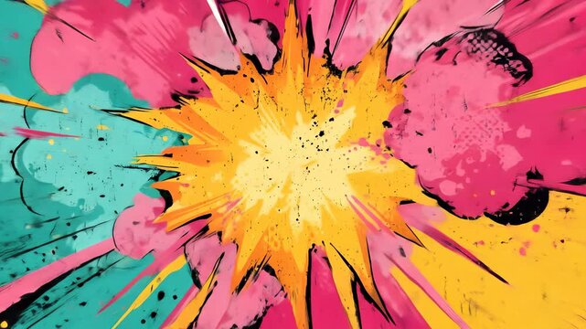 Colorful explosion abstract pop art vibrant yellow pink teal burst energetic comic style dynamic splatter expressive modern artwork playful mood creative background with bold lines and dramatic