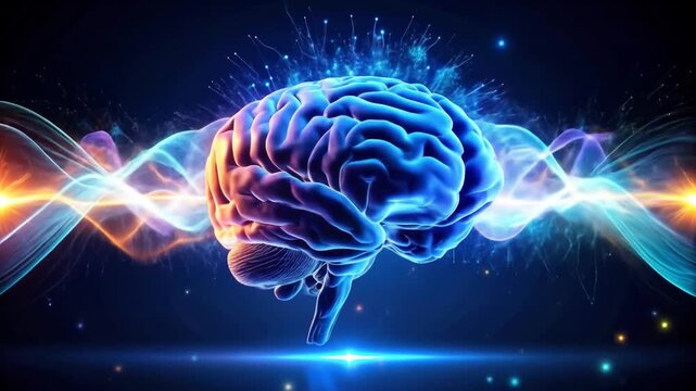 Human brain activity with digital waves symbolizing intellect and neuroscience