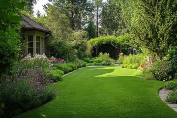 Naklejka premium English-style backyard with neatly trimmed grass, flowering borders, and evergreen trees