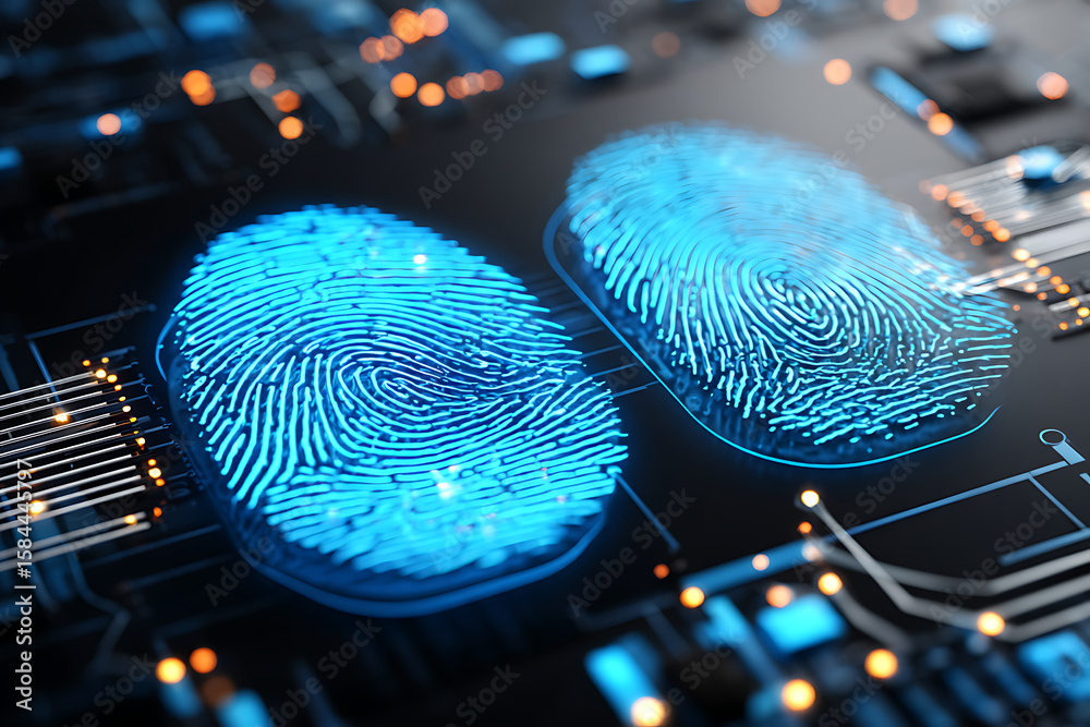 Poster digital fingerprint patterns highlighted on a microchip with glowing connections at night