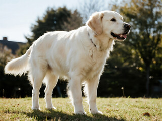 A white golden retriever standing on grass, on a sunny day, in side view, with professional photography and color grading.