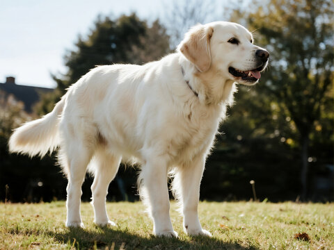 A white golden retriever standing on grass, on a sunny day, in side view, with professional photography and color grading. - Powered by Adobe