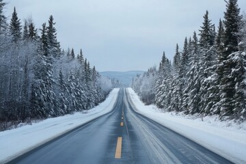 Fototapeta premium Endless highway flanked by snowy trees, POV winter drive, Quebec