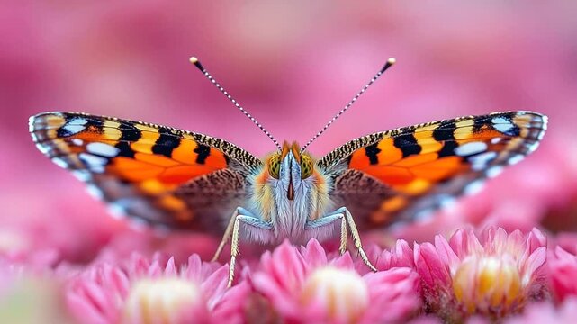 Macro shot of a beautiful Vanessa cardui butterfly perched on vibrant pink aster flowers