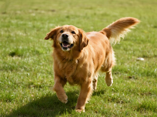 A golden retriever dog running on the grass, smiling at the camera, professional-quality photography, full-body shot