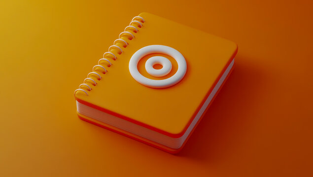3D vector icon of an orange spiral-bound notebook with white spiral edges, placed against a matching orange background,
