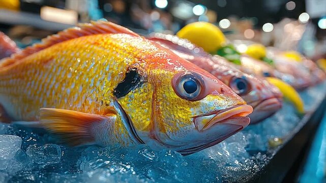 Fresh, vibrant red snapper on ice at a seafood market
