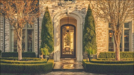 Elegant stately brick home entrance with grand arched stone doorway, warm lantern glow, symmetrical cone-shaped topiary trees, trimmed boxwood hedges, and soft golden light.