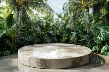 Round stone platform in a lush tropical garden setting.
