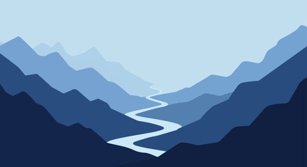 Tranquil and elegant vector flat illustration featuring a serene mountain range and a winding river, all rendered in a soothing palette of blue tones © Purnomo Semlirick