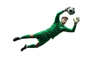 Soccer goalkeeper diving to catch the ball isolated on transparent background
