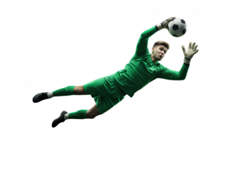 Soccer goalkeeper diving to catch the ball isolated on transparent background