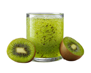 Vibrant Kiwi Juice in Clear Glass with Halved Fruits on Transparent Background Sparkling Green Drink, PNG