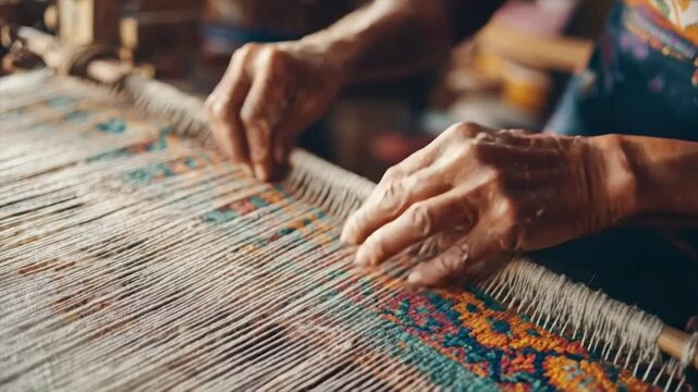 Close-up of hands skillfully weaving a colorful rug on a loom