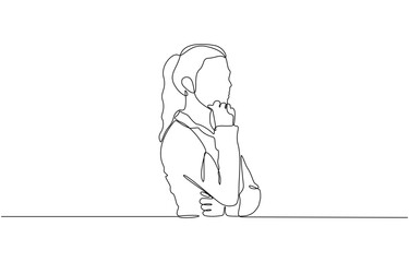 Continuous one line drawing of young lady thinking with put her finger in the chin, thoughtful young woman single line art Vector illustration.