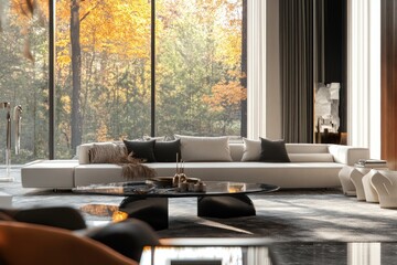 Elegant home lounge setup, digitally rendered, glass elements and designer layout