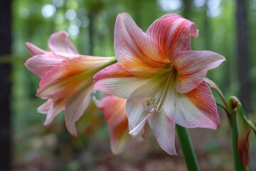 Fototapeta premium Detailed view of a pink and orange Hippeastrum flower in a wooded setting