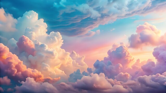 Photo of a breathtaking sky filled with soft, pastelcolored clouds painted by the warm hues of sunset - Powered by Adobe