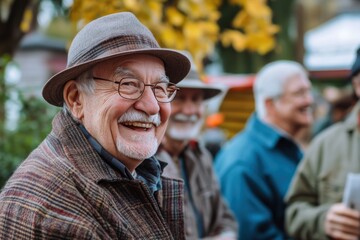 Elderly men and women talking and laughing at festive outdoor neighborhood event
