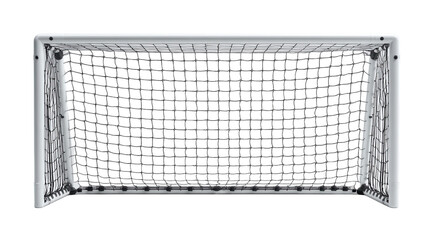 Front view of a soccer goal with a white frame and a net for sports and recreational activities