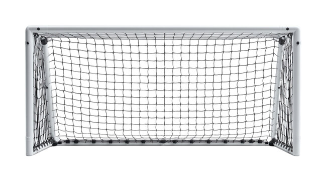 Front view of a soccer goal with a white frame and a net for sports and recreational activities